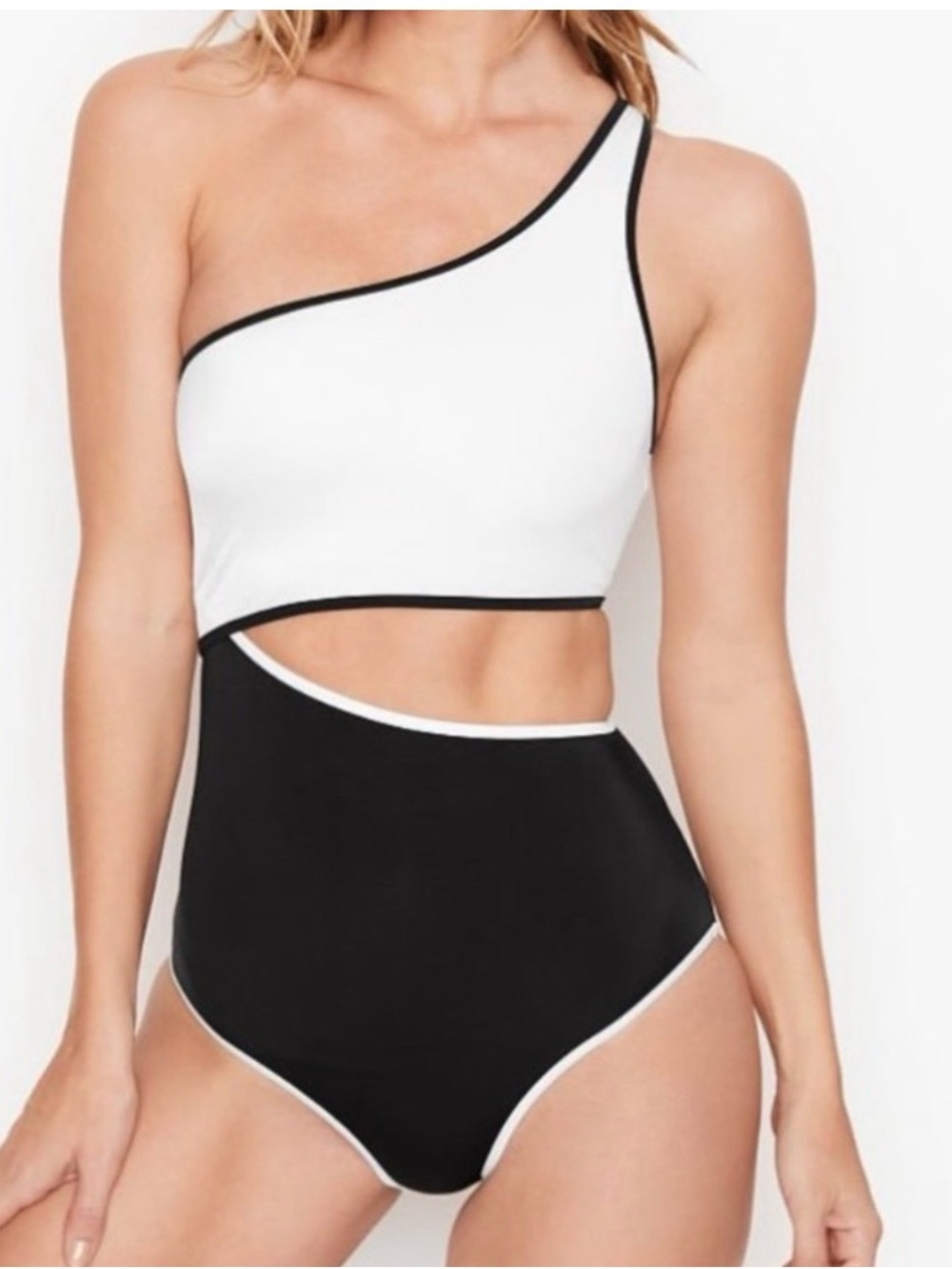 🆕 Victorias Secret Essential Cutout One Piece One Shoulder Black White S NWT